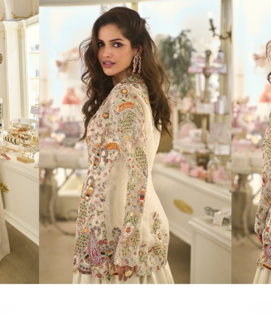 WHITE - Cream Silk Embroidered Work Designer Gown for Ceremonial